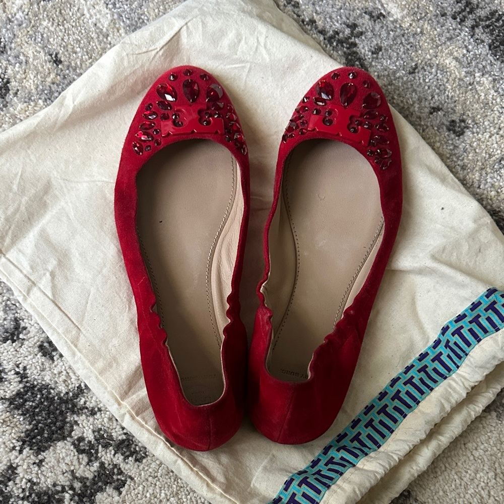 Tory Burch Red Jeweled Suede Ballet Flats